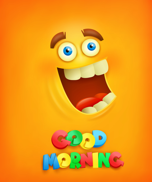 Good morning text with smiley emoticon yellow face vector 02