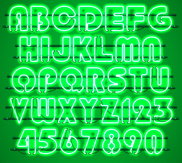 Green neon alphabet with numbers vector 02