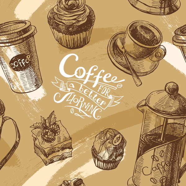 Hand drawn sketch coffee elements vector 01