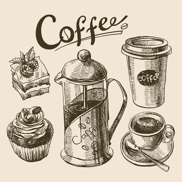 Hand drawn sketch coffee elements vector 03