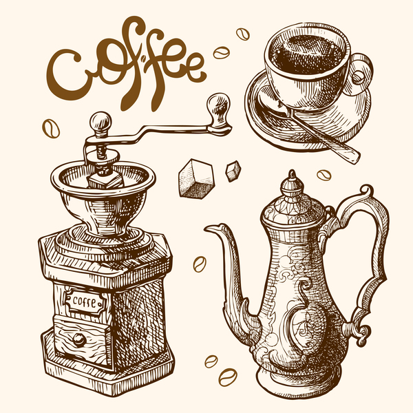 Hand drawn sketch coffee elements vector 07