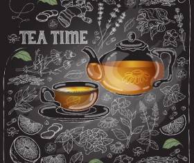 Hand drawn tea time with chalkboard background vector 01
