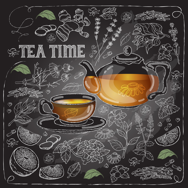 Hand drawn tea time with chalkboard background vector 01