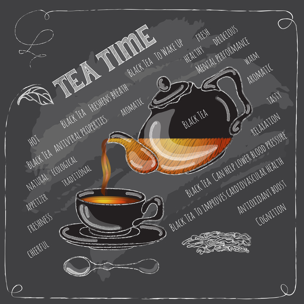 Hand drawn tea time with chalkboard background vector 02