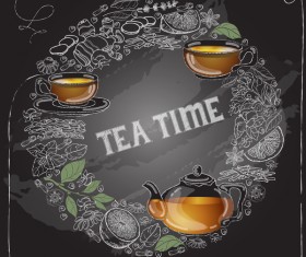 Hand drawn tea time with chalkboard background vector 03
