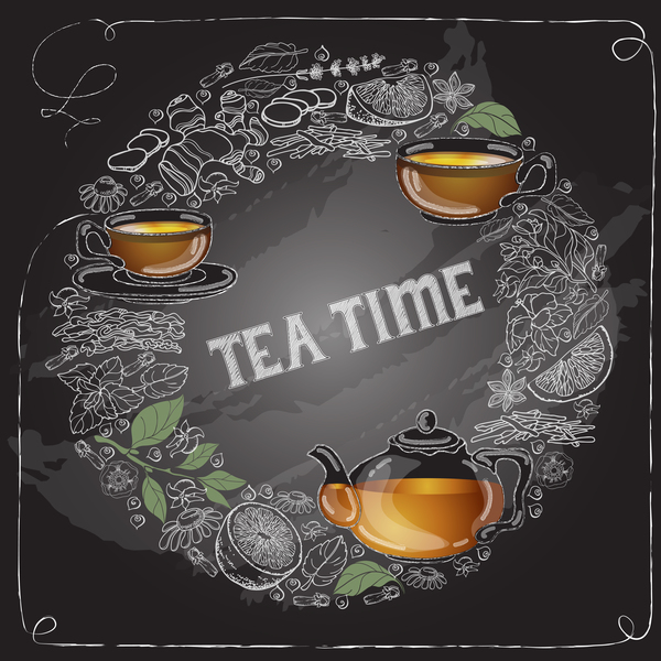 Hand drawn tea time with chalkboard background vector 03