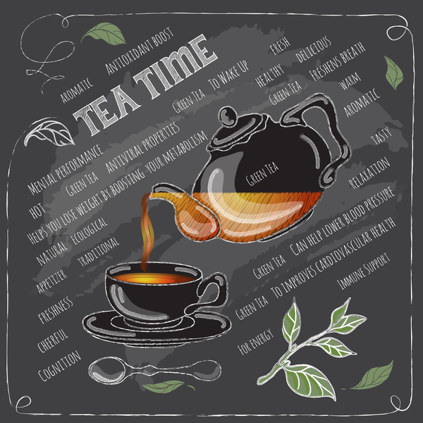 Hand drawn tea time with chalkboard background vector 04
