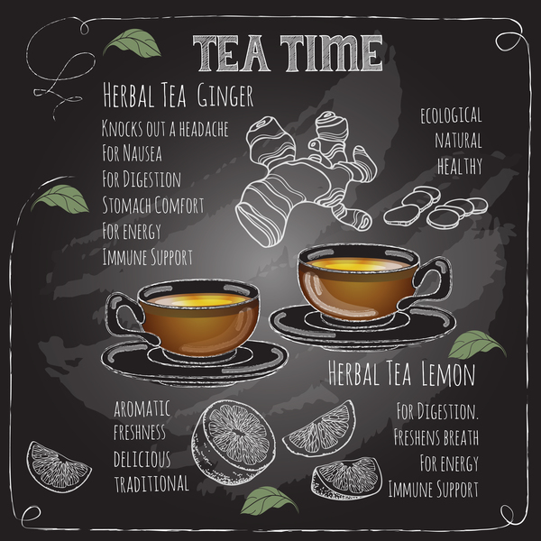 Hand drawn tea time with chalkboard background vector 08