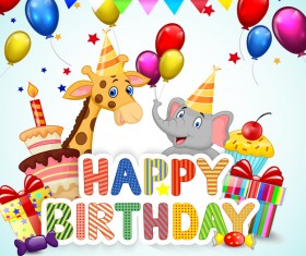 Happy birthday background with cute animal vector 05