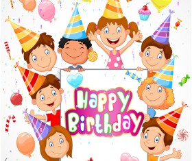 Happy birthday background with cute chrildren vector 02