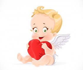 Hugging red heart pillow with cute cupid vector