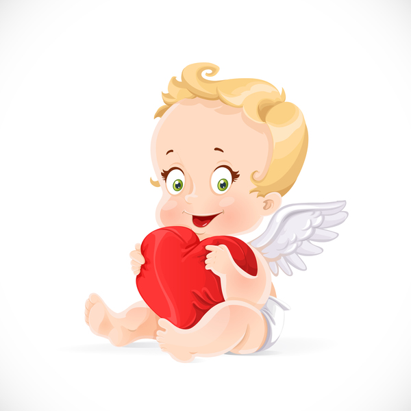 Hugging red heart pillow with cute cupid vector