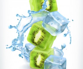 Kiwi with ice cubes and water splash vector