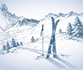 Mountains landscape with ski sketch vector 01