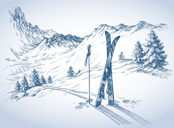 Mountains landscape with ski sketch vector 01