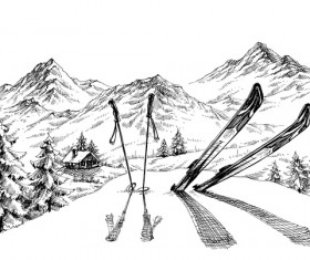 Mountains landscape with ski sketch vector 03