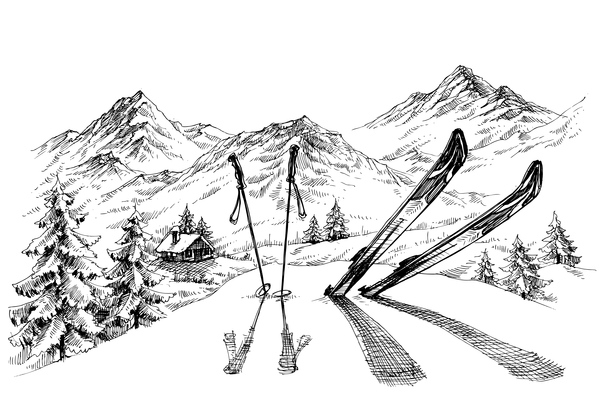 Mountains landscape with ski sketch vector 03