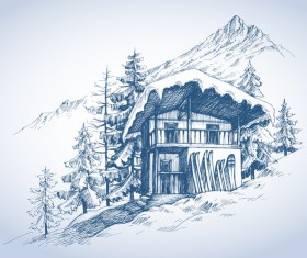 Mountains landscape with skihut hand drawn vector