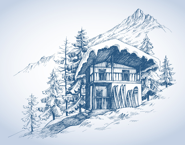 Mountains landscape with skihut hand drawn vector