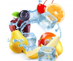 Multifruit with ice cubes and water splash vector 01
