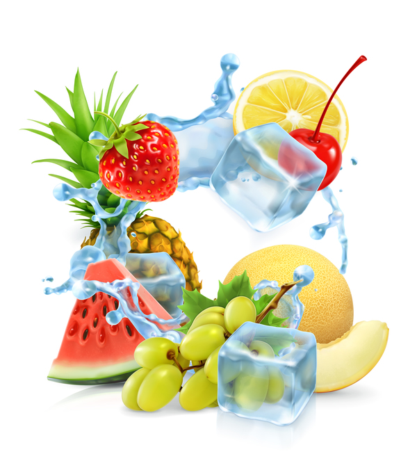 Multifruit with ice cubes and water splash vector 02