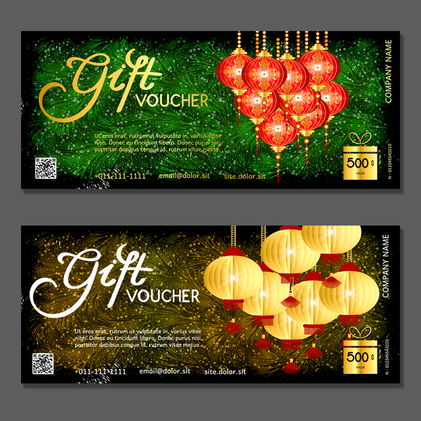 New year gift vouchers template with chinese lantern vector 02