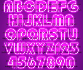 Purple neon alphabet with numbers vector 01