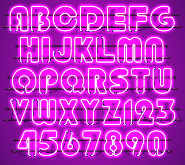 Purple neon alphabet with numbers vector 01