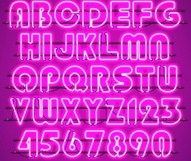 Purple neon alphabet with numbers vector 02