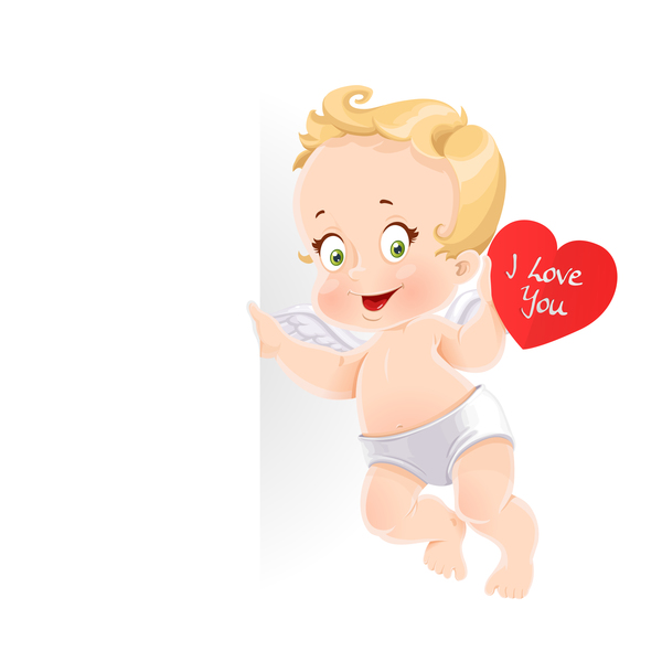 Red heart with cute cupid and white background vector