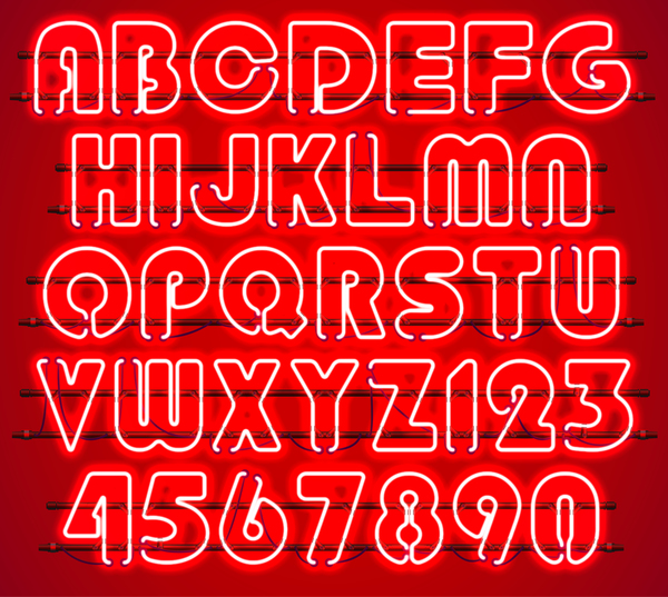 Red neon alphabet with numbers vector 01