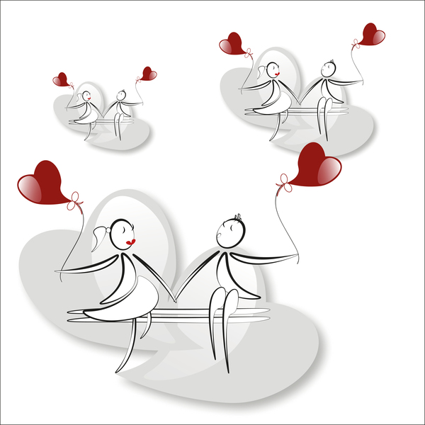 Romantic boy and girl with red heart baloon vector 01