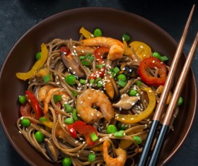 Seafood buckwheat noodles and tea Stock Photo 01