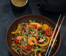 Seafood buckwheat noodles and tea Stock Photo 02