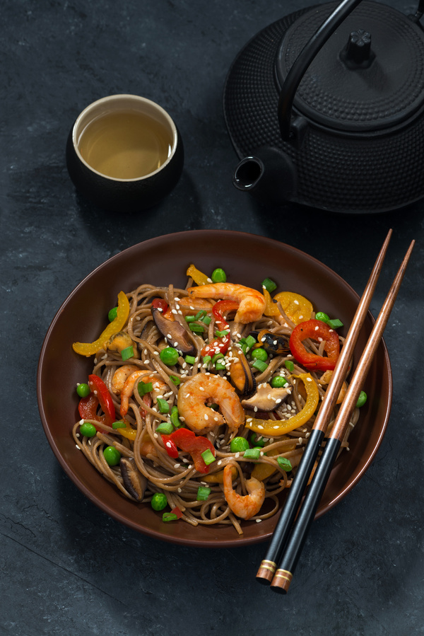 Seafood buckwheat noodles and tea Stock Photo 02