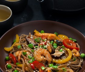 Seafood buckwheat noodles and tea Stock Photo 03