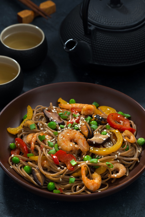 Seafood buckwheat noodles and tea Stock Photo 03