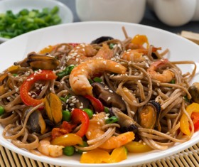 Seafood buckwheat noodles and tea Stock Photo 04
