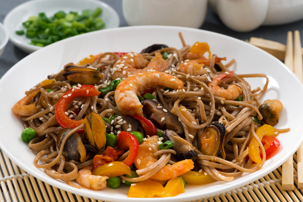 Seafood buckwheat noodles and tea Stock Photo 04
