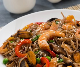Seafood buckwheat noodles and tea Stock Photo 05