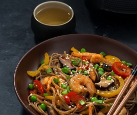 Seafood buckwheat noodles and tea Stock Photo 06
