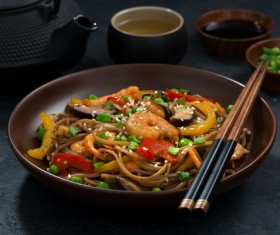 Seafood soba noodles and tea and vegetables HD picture 01