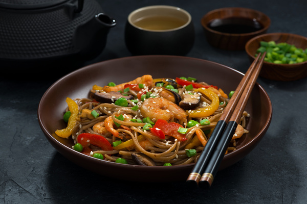 Seafood soba noodles and tea and vegetables HD picture 01