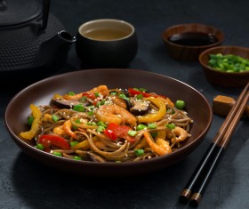 Seafood soba noodles and tea and vegetables HD picture 02