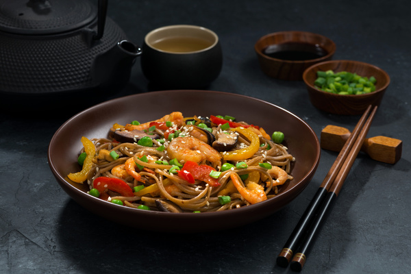 Seafood soba noodles and tea and vegetables HD picture 02