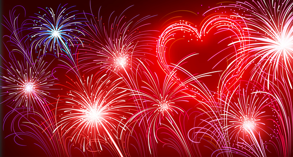 Shiny fireworks with heart shapes vector