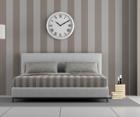 Simple bedroom with bed and wall clock Stock Photo