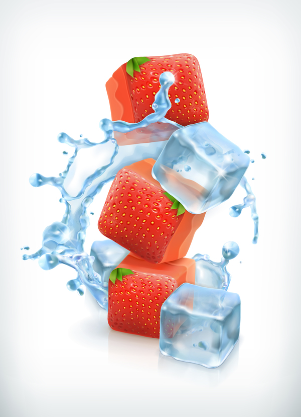 Strawberries with ice cubes and water splash vector