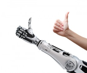 Thumbs up man with intelligent robot hand Stock Photo