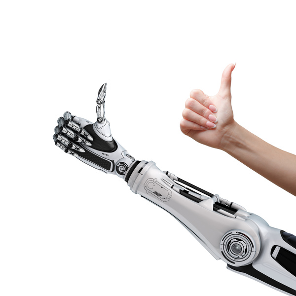 Thumbs up man with intelligent robot hand Stock Photo